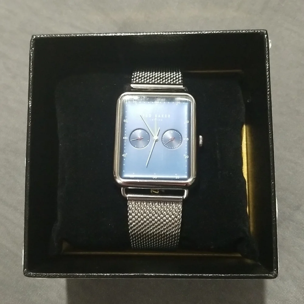 💕TED BAKER LONDON💕 Issaac Rectangular Mesh Watch Silver Blue Face Plate NWT